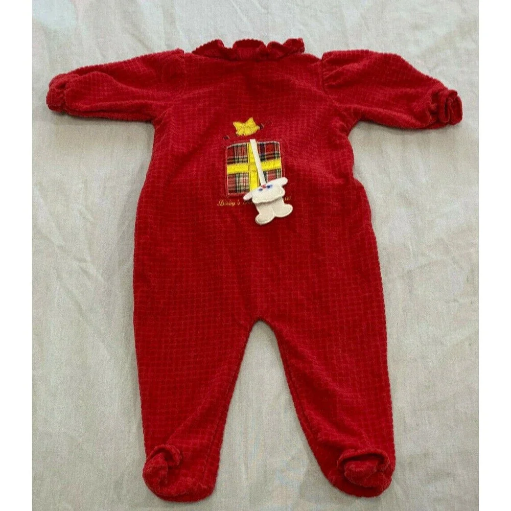 GIRLS VELOUR ONE PIECE MERRY CHRISTMAS ROMPER OUTFIT SIZE 0-3 MONTHS